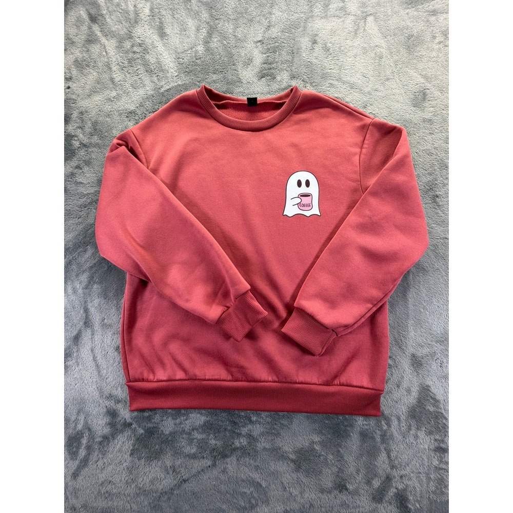 SHEIN Womens Pink Ghost Coffee Graphic Fleece Sweatshirt Size M PC24081400035968